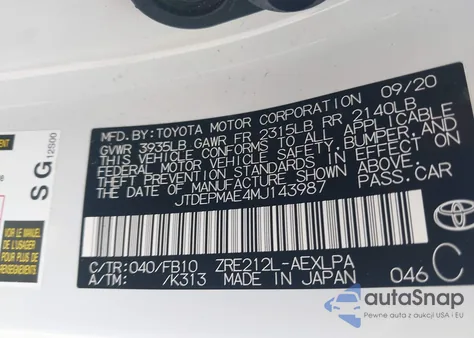 2021 Toyota Corolla Le from USA, damaged, VIN JTDEPMAE4MJ143987